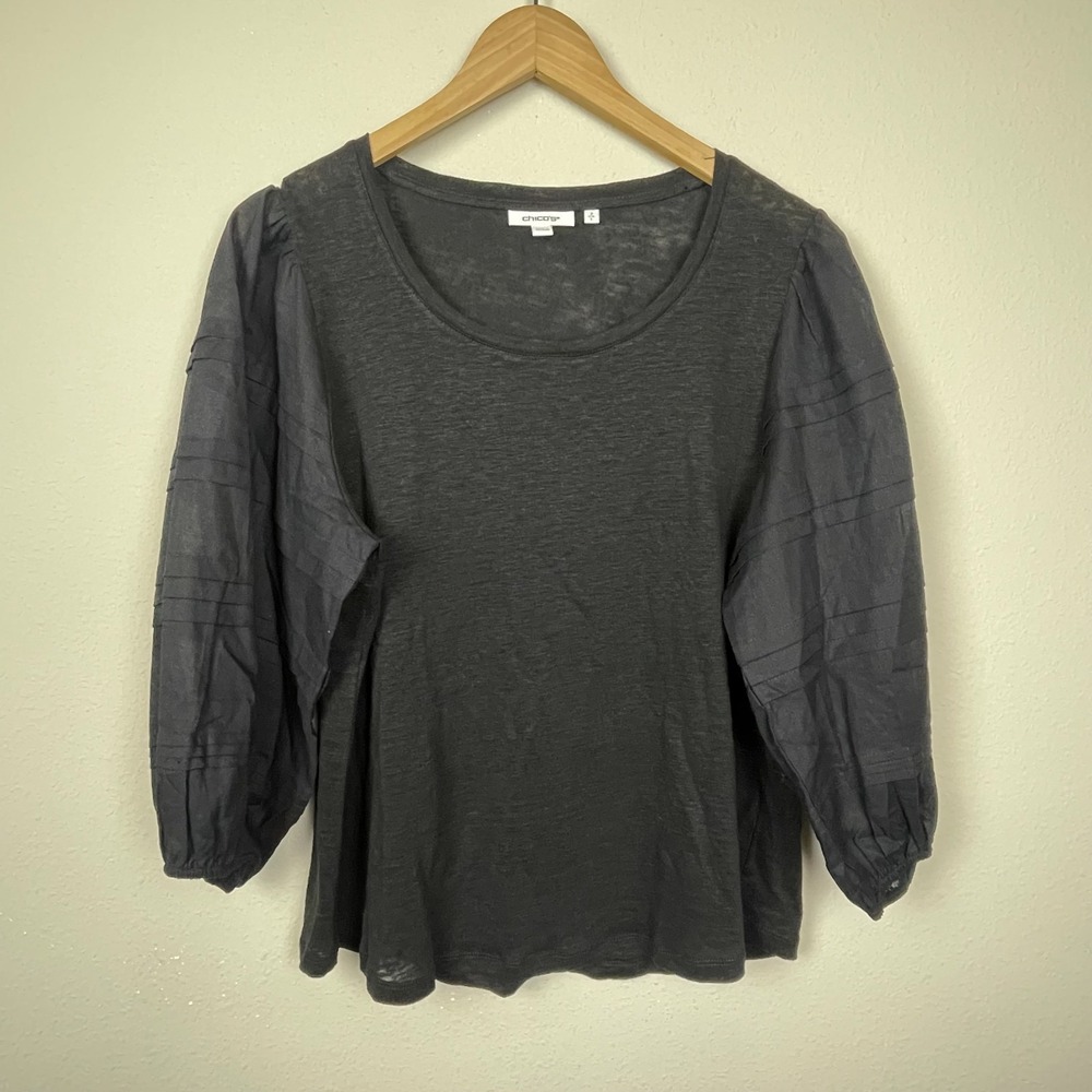 Chico's Black 100% Linen Balloon Sleeve Top Size 2 L Whimsigoth Casual Boho Chic